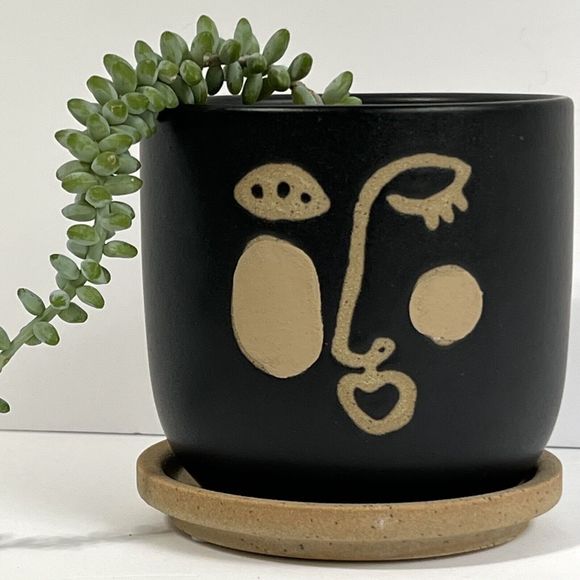 FACE Planter With Rosy Cheek Ceramic 4.5" Matte Black Flower Pot DRAINAGE Saucer - Picture 10 of 13